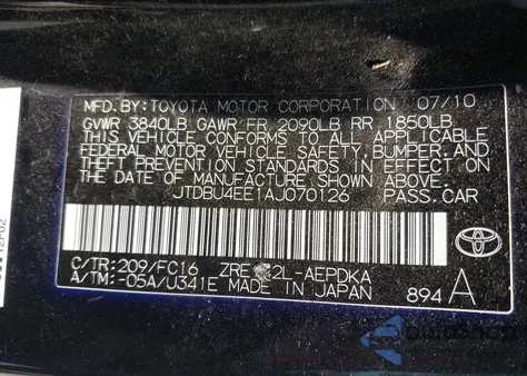 2010 Toyota Corolla Le из США, поврежденный, VIN JTDBU4EE1AJ070126